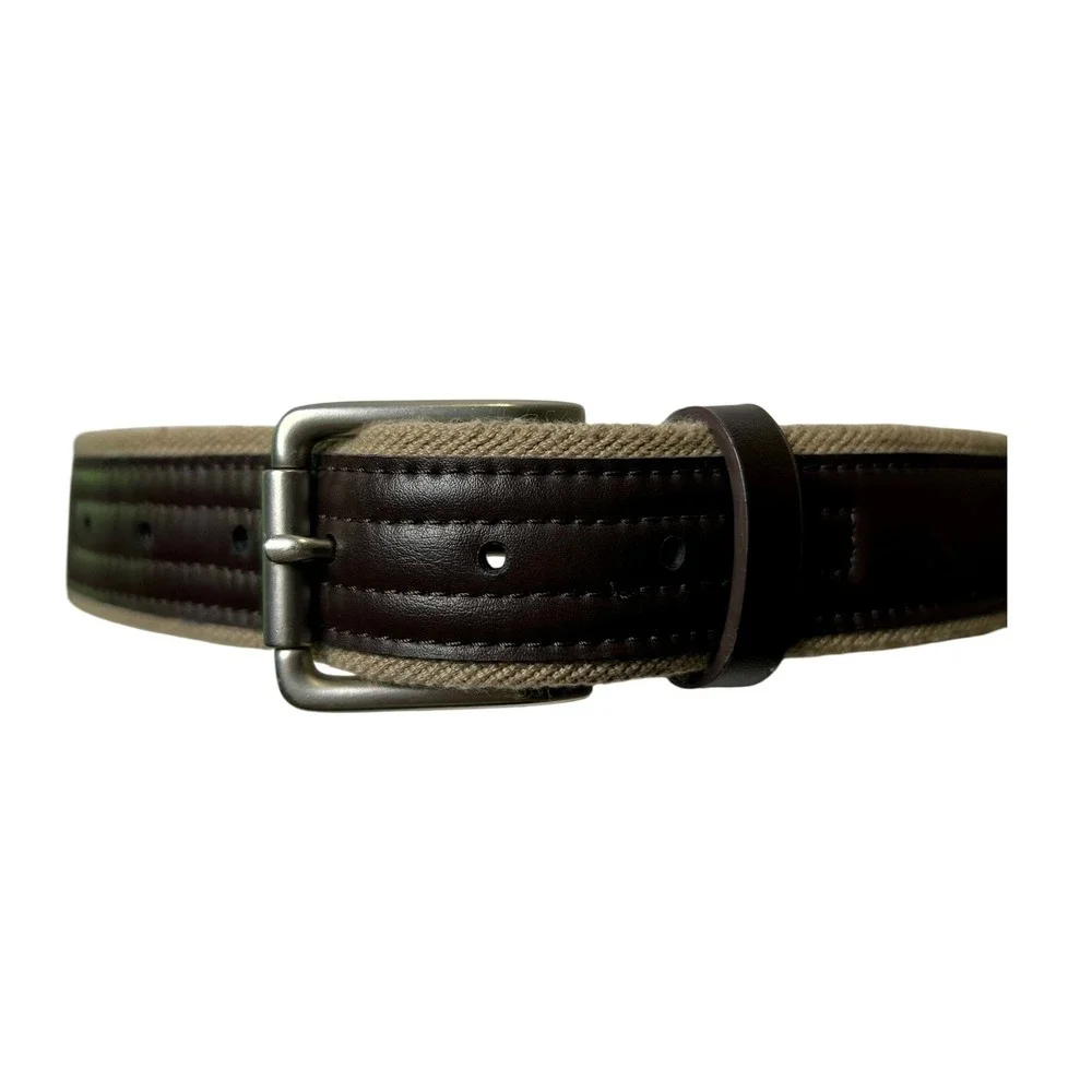 Mens Tan Canvas and Brown Faux Leather Casual Belt Silver Buckle 48‎ Inch Length